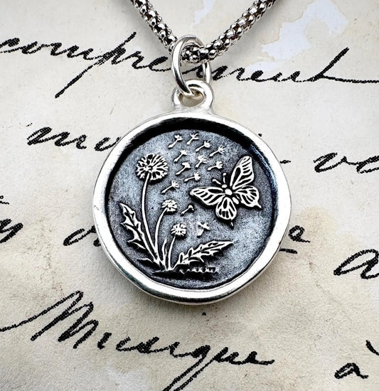 Dandelion & Butterfly Wax Seal Necklace • Handmade Solid Silver Nature Pendant Talisman • Liliane Ting Design