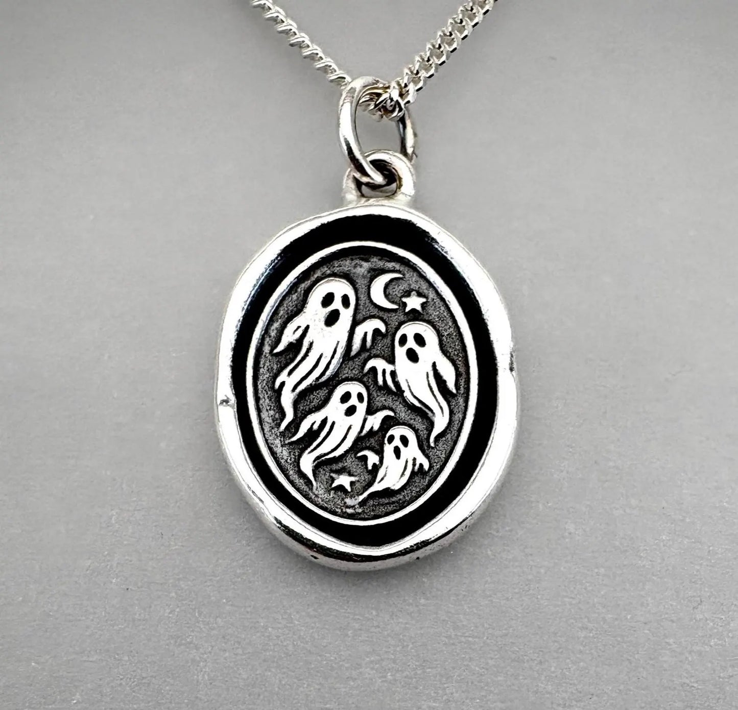 Dancing Ghosts Solid Silver Pendant: Handmade Halloween Wax Seal Talisman, Liliane Ting Design