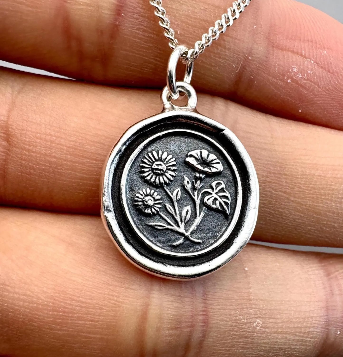 Aster & Morning Glory Wax Seal Necklace, Solid Silver Floral Pendant, Soulmate Talisman, Liliane Ting