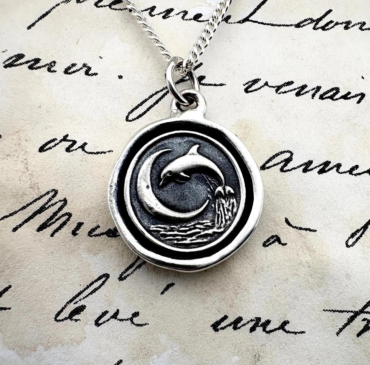 Dolphin Moon Wax Seal Necklace, Handmade Solid Silver Ocean Charm, Celestial Pendant, Liliane Ting