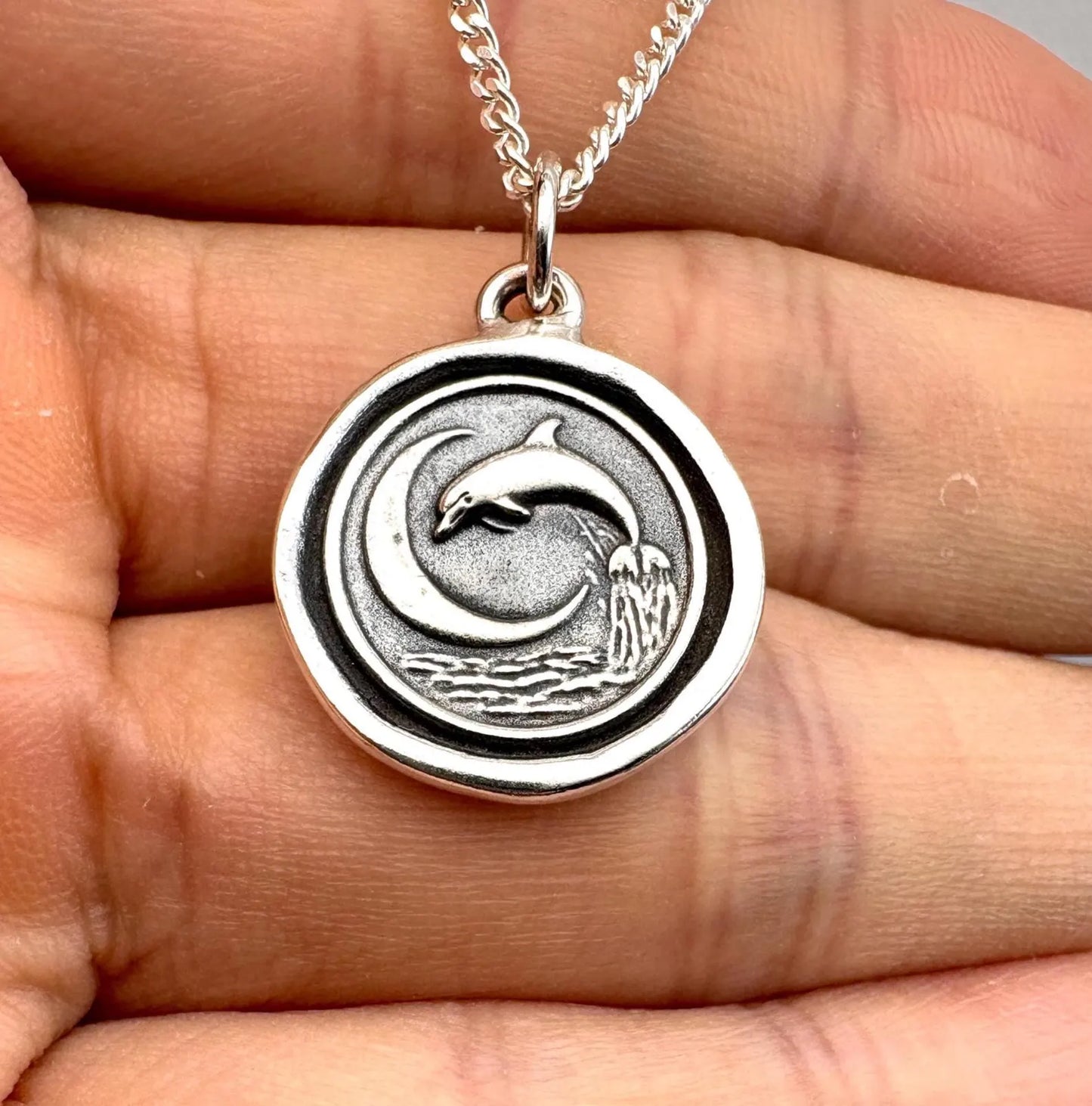 Dolphin Moon Wax Seal Necklace, Handmade Solid Silver Ocean Charm, Celestial Pendant, Liliane Ting