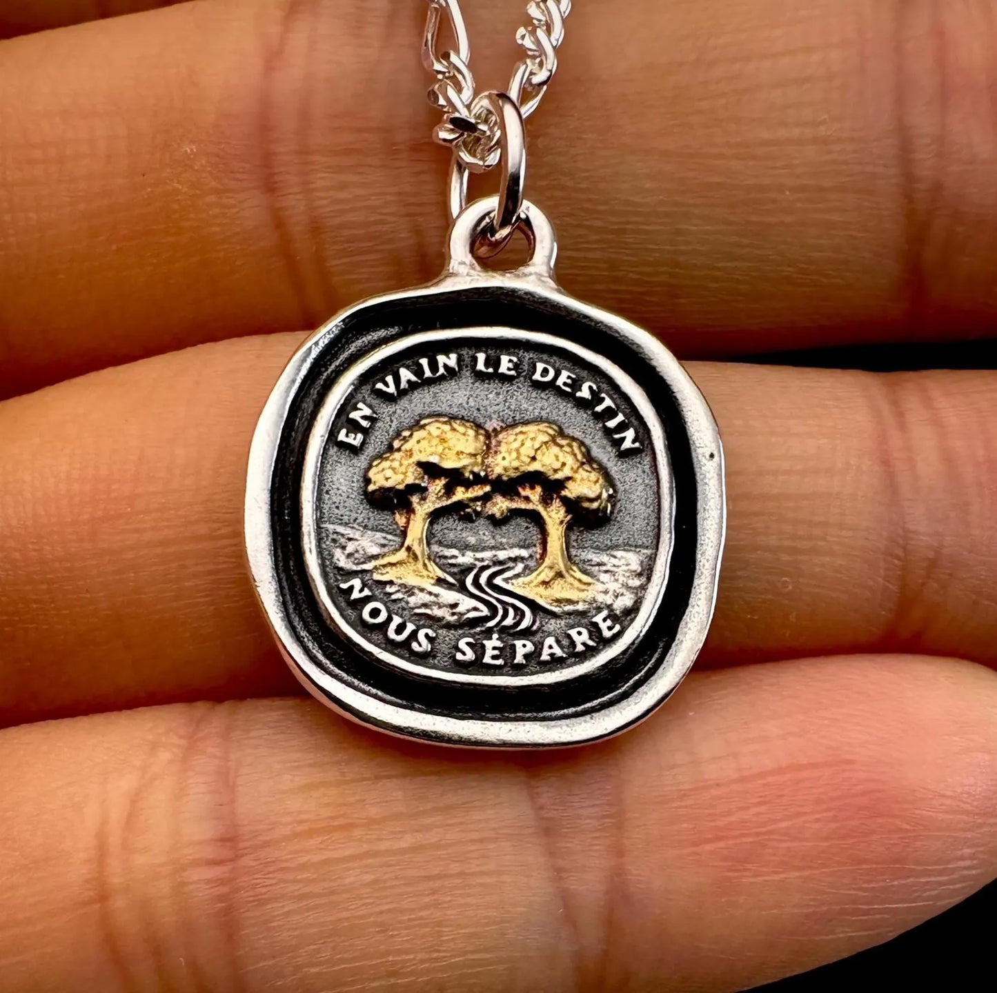 Soulmate Trees Pendant: 22K Gold Overlay Silver Wax Seal Talisman, Liliane Ting Design