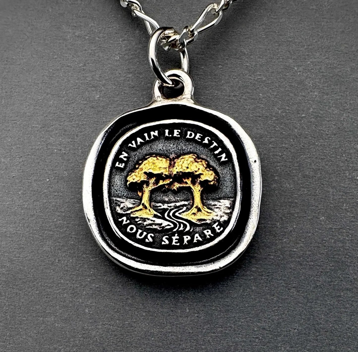 Soulmate Trees Pendant: 22K Gold Overlay Silver Wax Seal Talisman, Liliane Ting Design