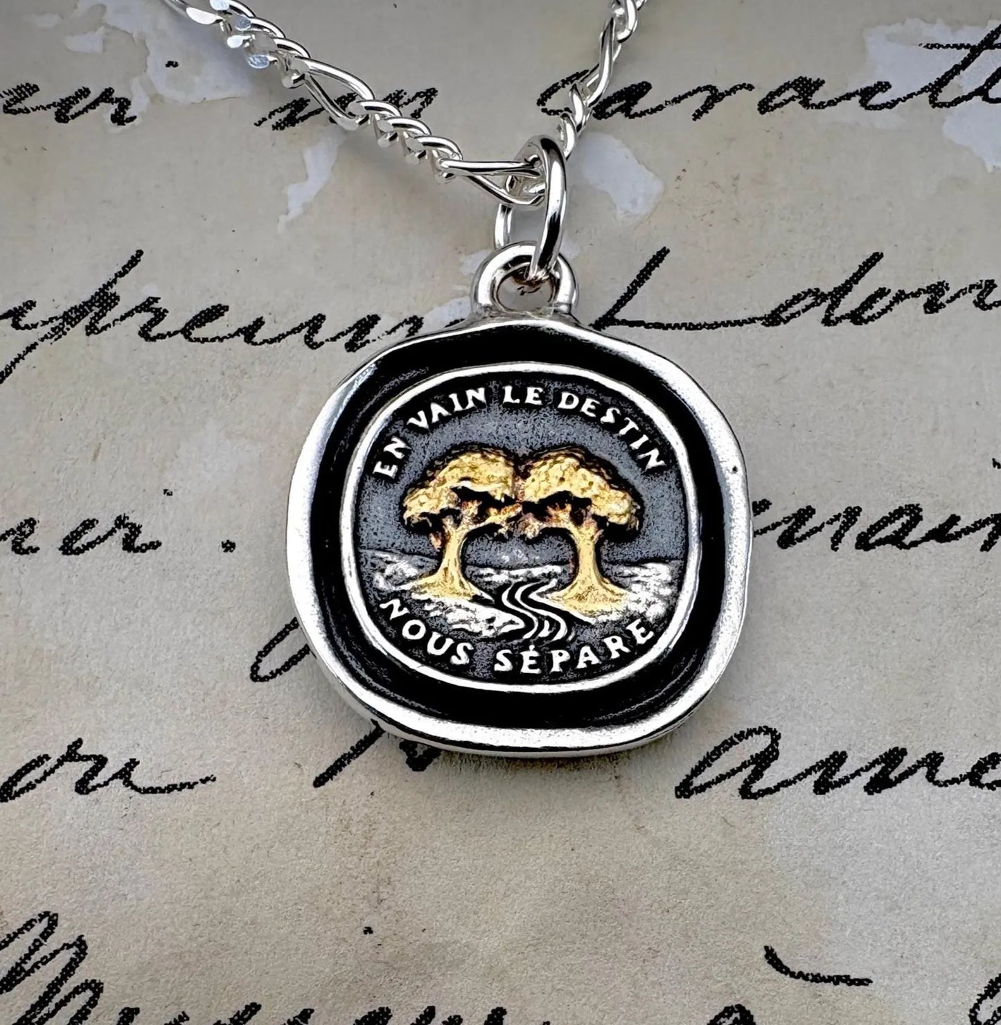 Soulmate Trees Pendant: 22K Gold Overlay Silver Wax Seal Talisman, Liliane Ting Design