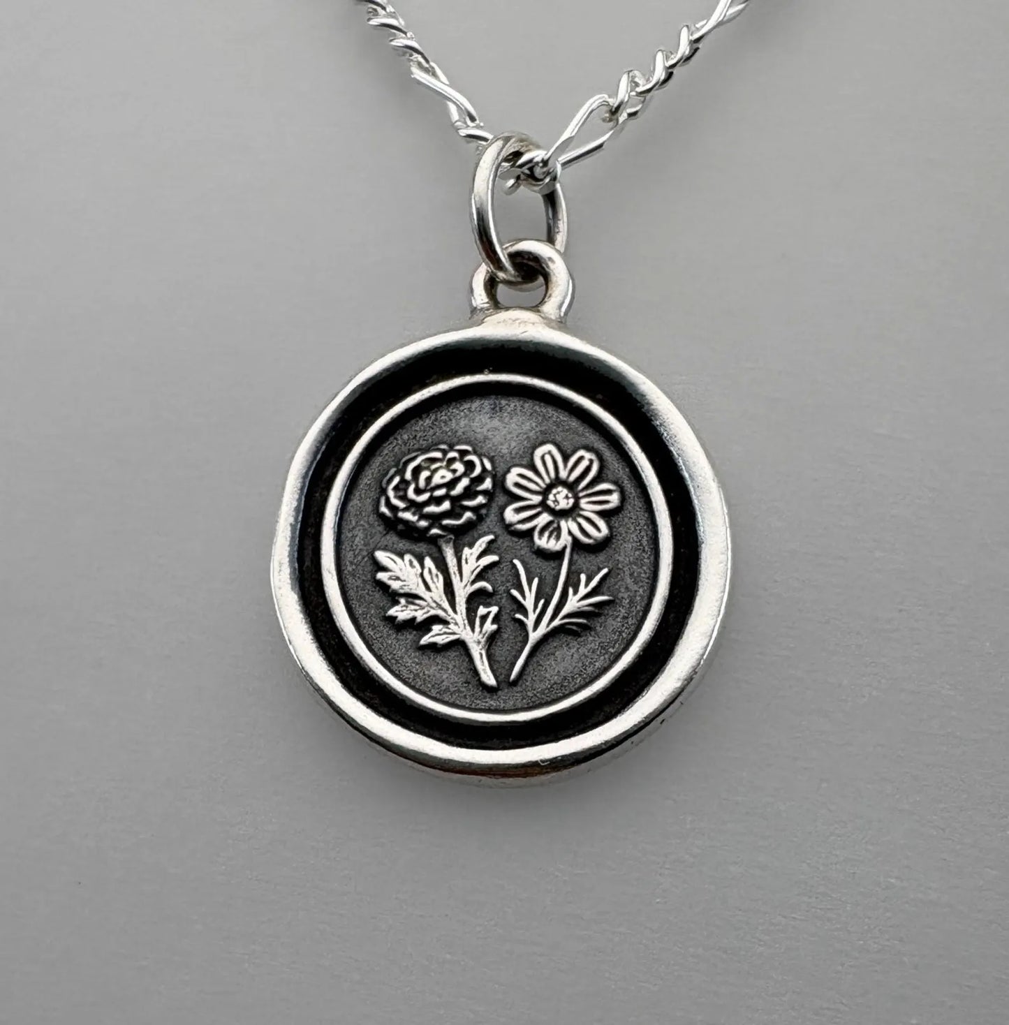 Marigold & Cosmos Flower Pendant Necklace, Solid Silver Wax Seal Charm, Soulmate Talisman, Liliane Ting