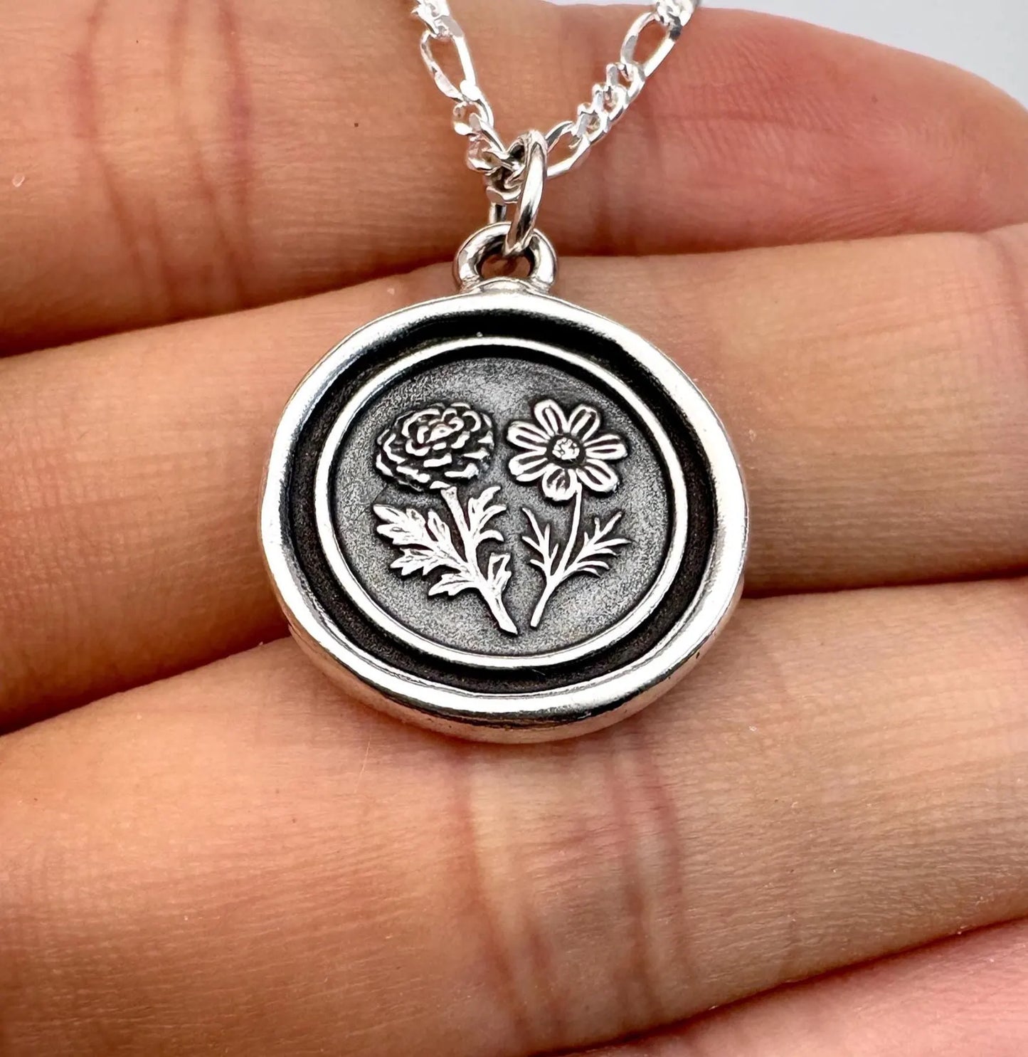 Marigold & Cosmos Flower Pendant Necklace, Solid Silver Wax Seal Charm, Soulmate Talisman, Liliane Ting