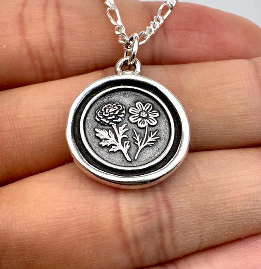 Marigold & Cosmos Flower Pendant Necklace, Solid Silver Wax Seal Charm, Soulmate Talisman, Liliane Ting