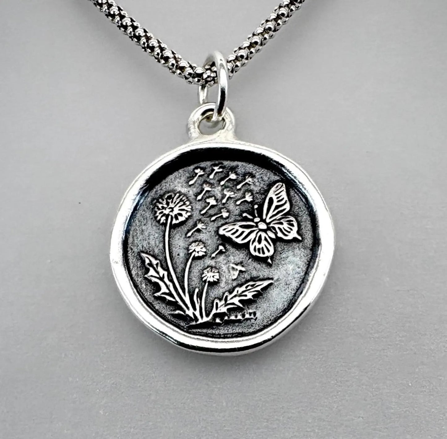Dandelion & Butterfly Wax Seal Necklace • Handmade Solid Silver Nature Pendant Talisman • Liliane Ting Design