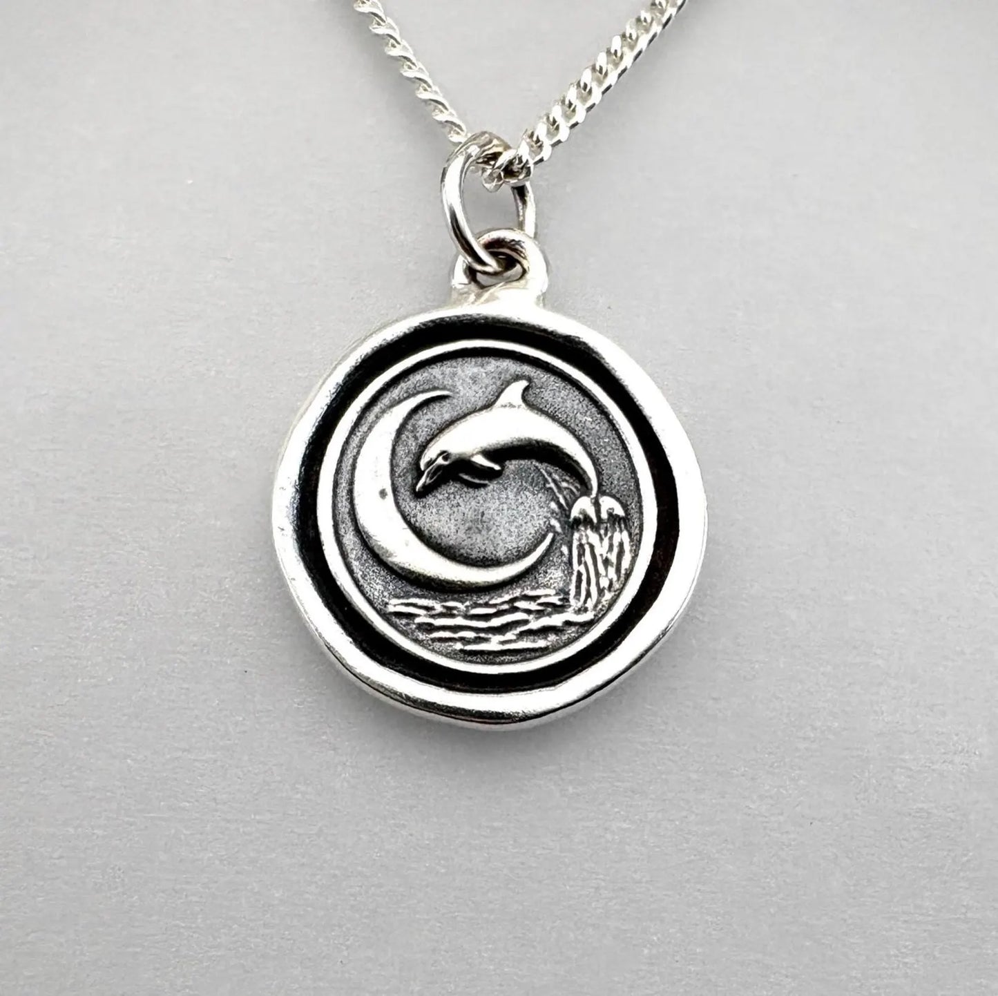 Dolphin Moon Wax Seal Necklace, Handmade Solid Silver Ocean Charm, Celestial Pendant, Liliane Ting