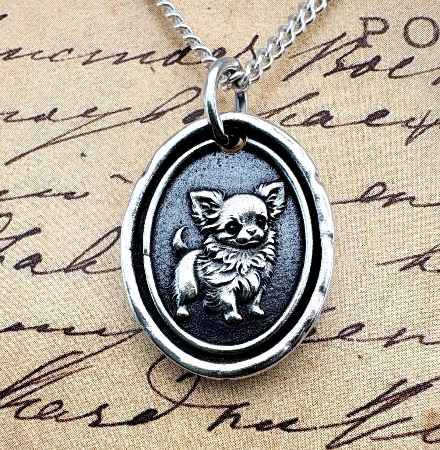 Chihuahua Dog Wax Seal Necklace: Handmade Solid Silver Talisman, Pendant Charm, Liliane Ting