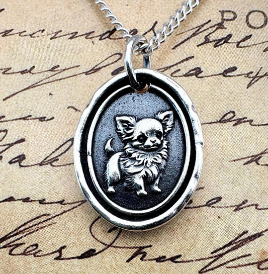 Chihuahua Dog Wax Seal Necklace: Handmade Solid Silver Talisman, Pendant Charm, Liliane Ting