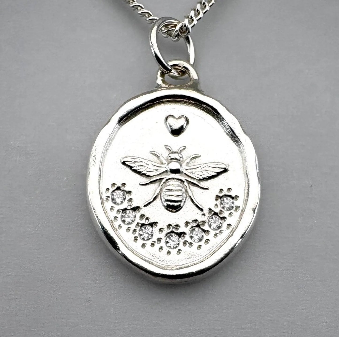 CZ Bee Necklace, Wax Seal Talisman, Solid Silver Nature Pendant with Heart, Liliane Ting