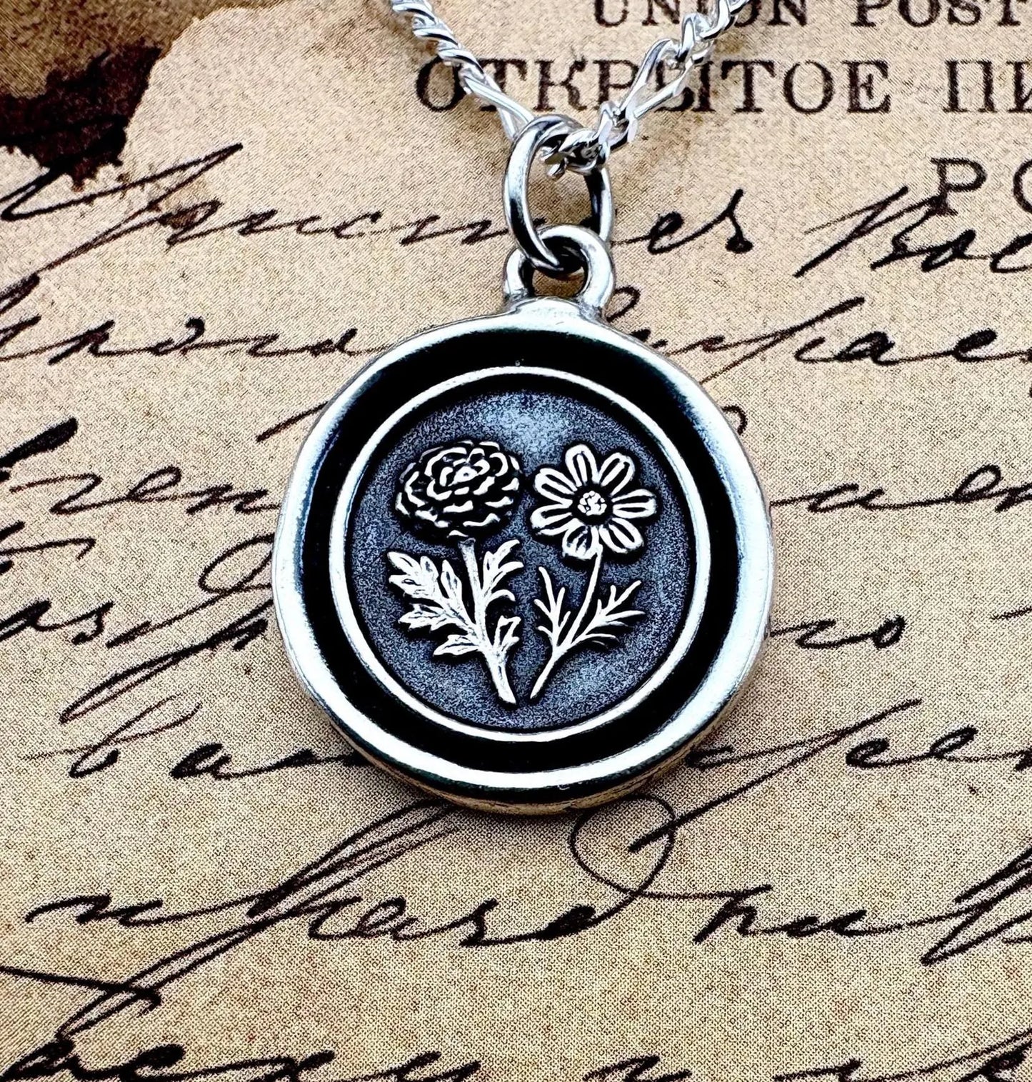 Marigold & Cosmos Flower Pendant Necklace, Solid Silver Wax Seal Charm, Soulmate Talisman, Liliane Ting
