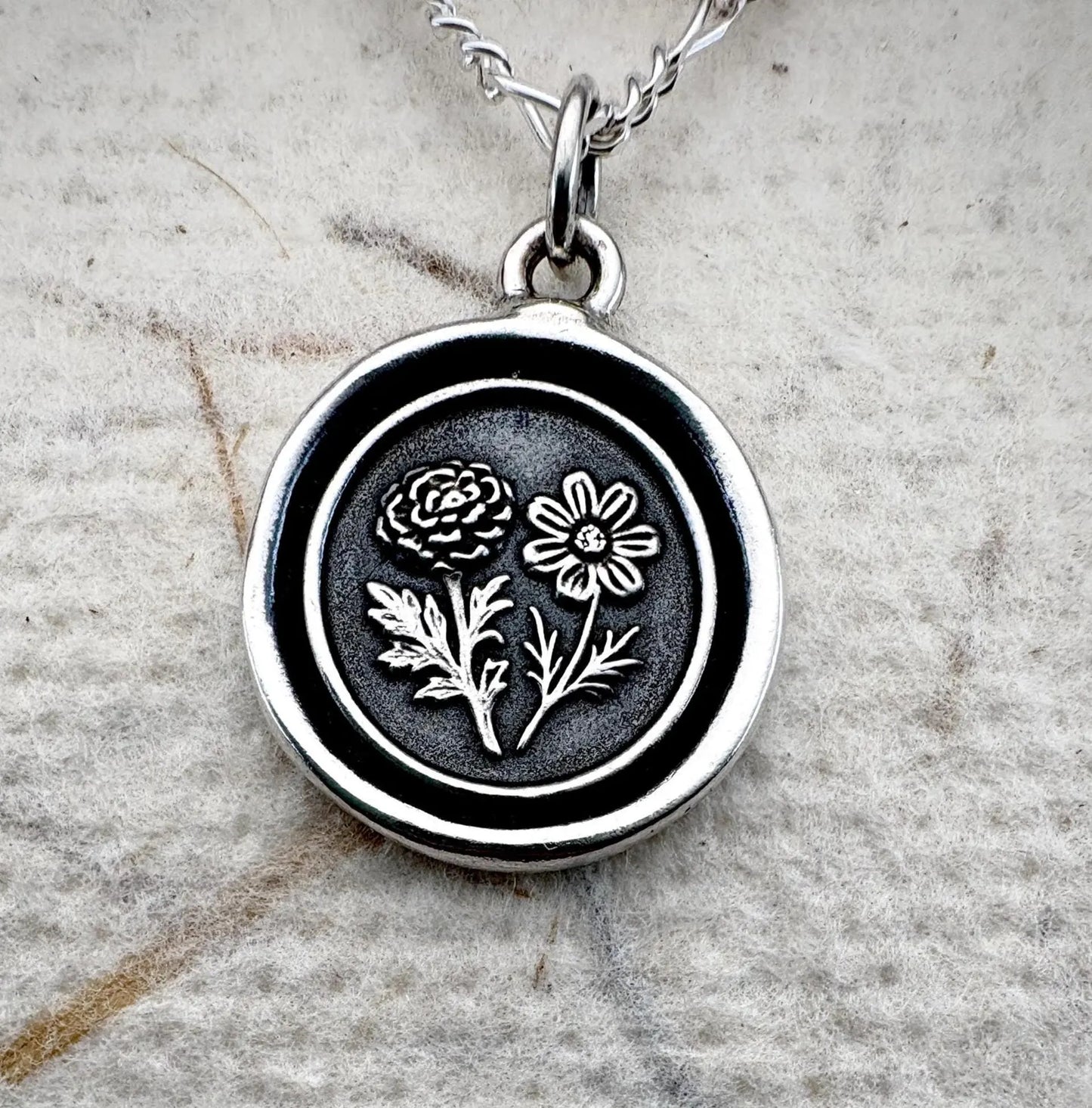 Marigold & Cosmos Flower Pendant Necklace, Solid Silver Wax Seal Charm, Soulmate Talisman, Liliane Ting