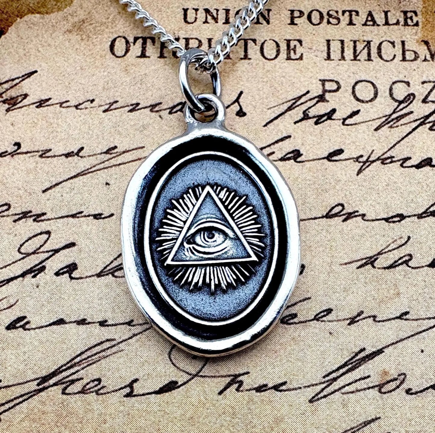 All Seeing Eye Wax Seal Necklace, Solid Silver Talisman, Handmade Pendant Charm, Liliane Ting