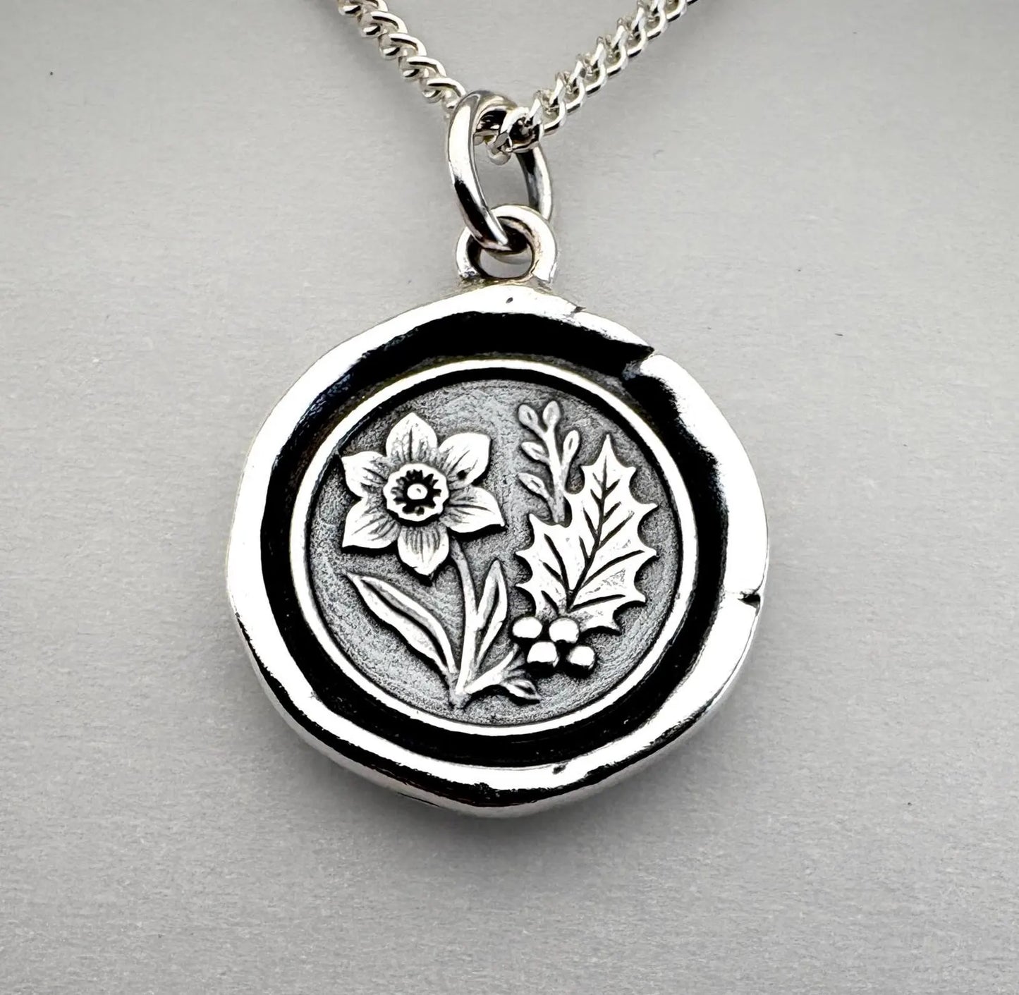 Narcissus and Holly Wax Seal Necklace, Solid Silver Flower Pendant, Soulmate Talisman, Liliane Ting