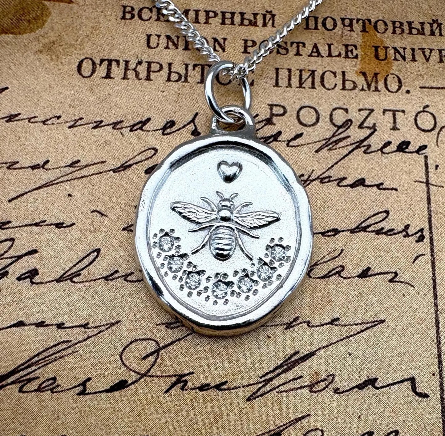 CZ Bee Necklace, Wax Seal Talisman, Solid Silver Nature Pendant with Heart, Liliane Ting
