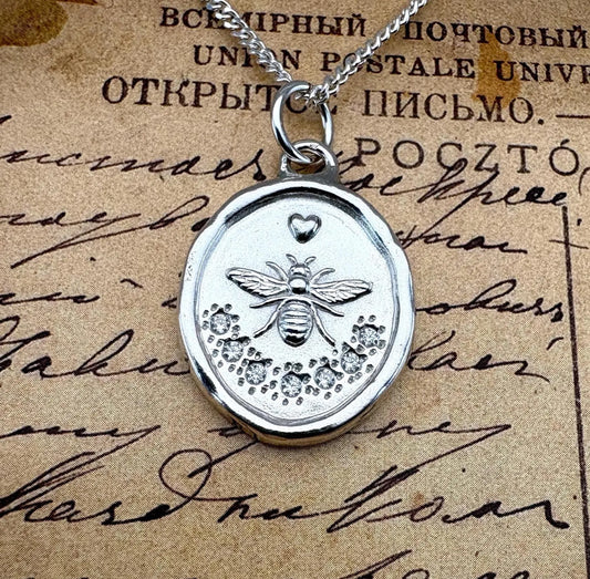 CZ Bee Necklace, Wax Seal Talisman, Solid Silver Nature Pendant with Heart, Liliane Ting