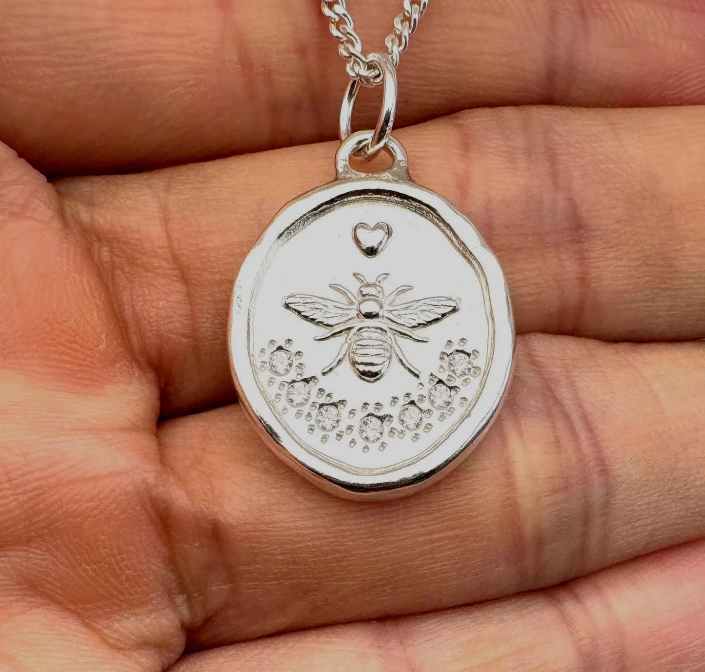 CZ Bee Necklace, Wax Seal Talisman, Solid Silver Nature Pendant with Heart, Liliane Ting