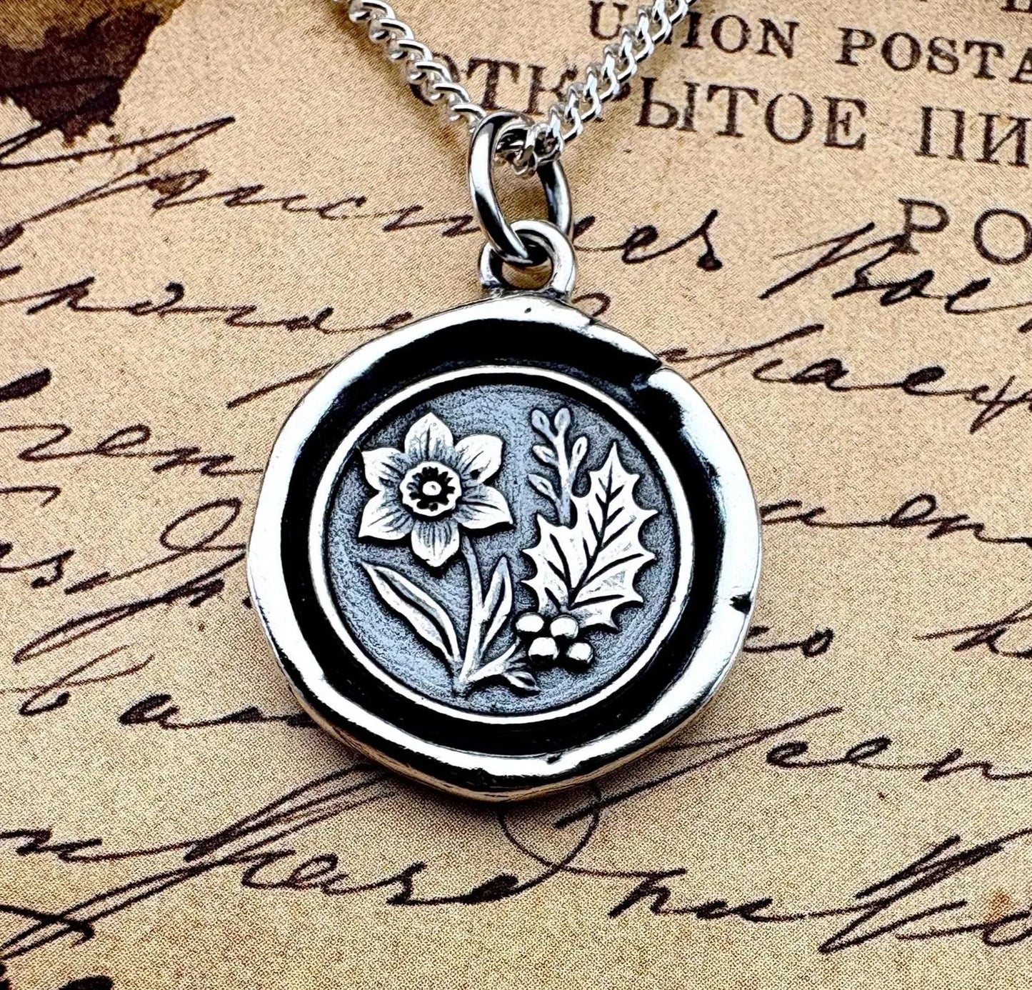 Narcissus and Holly Wax Seal Necklace, Solid Silver Flower Pendant, Soulmate Talisman, Liliane Ting