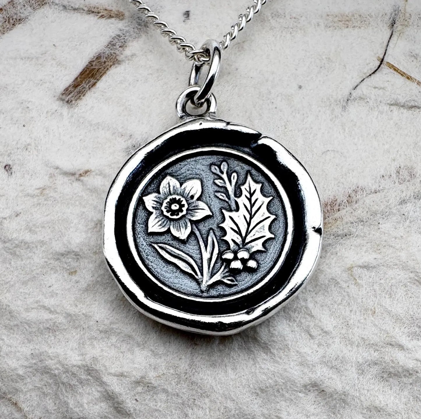 Narcissus and Holly Wax Seal Necklace, Solid Silver Flower Pendant, Soulmate Talisman, Liliane Ting