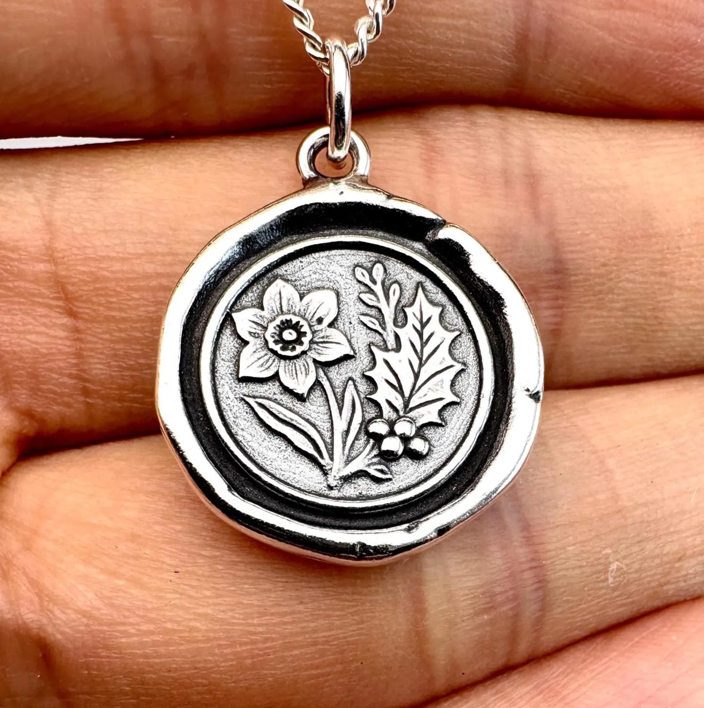 Narcissus and Holly Wax Seal Necklace, Solid Silver Flower Pendant, Soulmate Talisman, Liliane Ting
