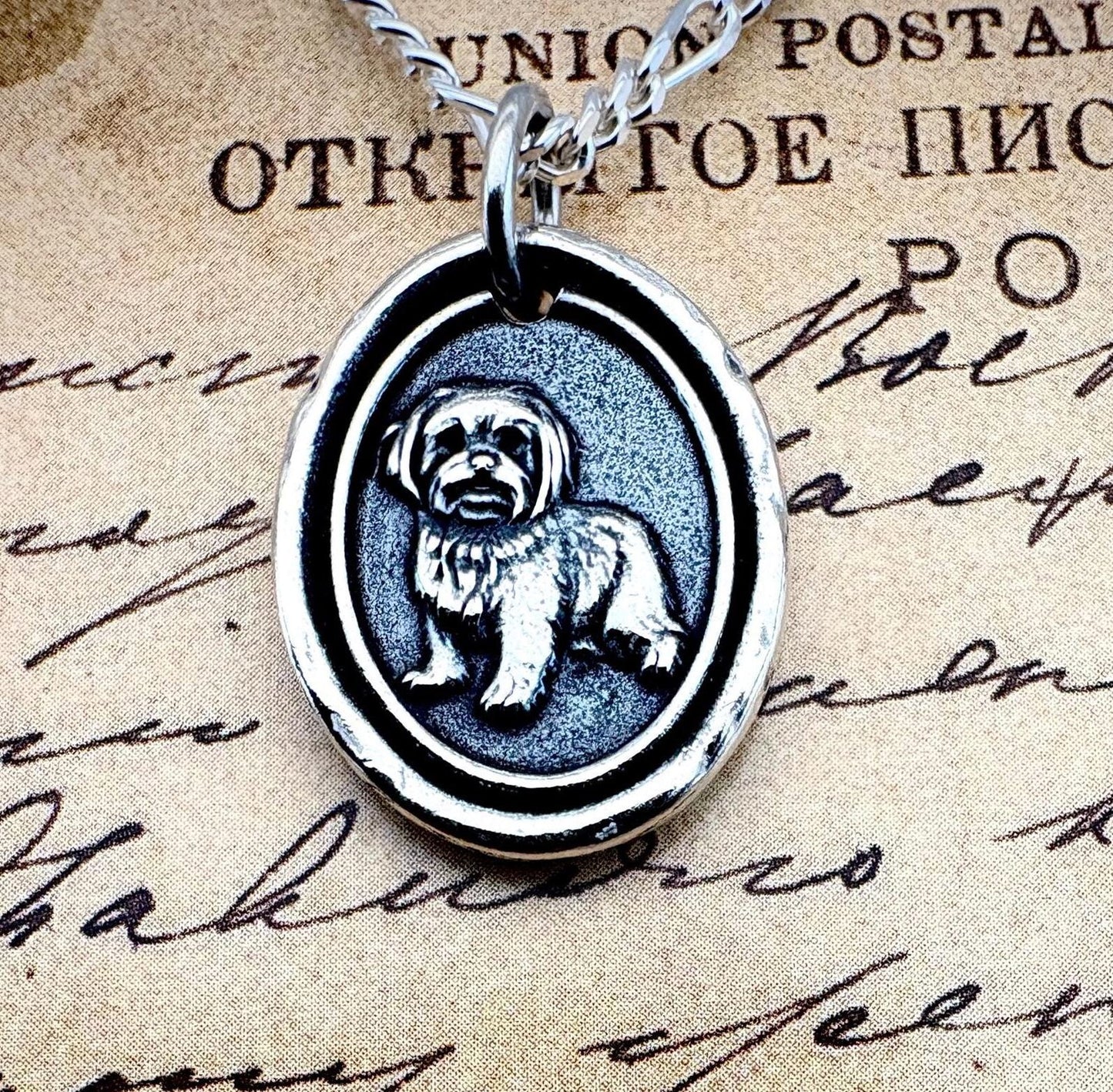 Maltese Dog Wax Seal Necklace: Handmade Solid Silver Talisman, Pet Pendant, Liliane Ting Design