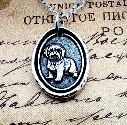 Maltese Dog Wax Seal Necklace: Handmade Solid Silver Talisman, Pet Pendant, Liliane Ting Design