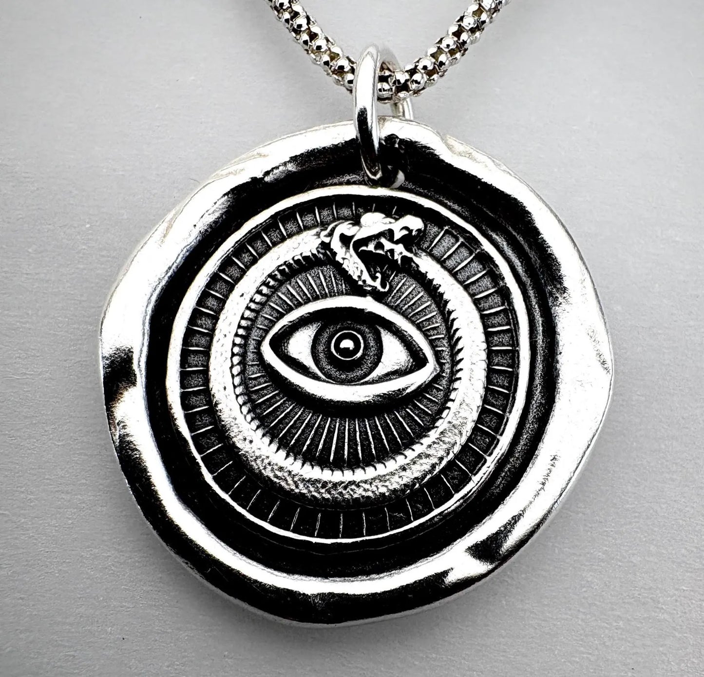 All Seeing Eye Serpent Pendant, LARGE Size, Solid Silver Talisman Necklace, Liliane Ting Design
