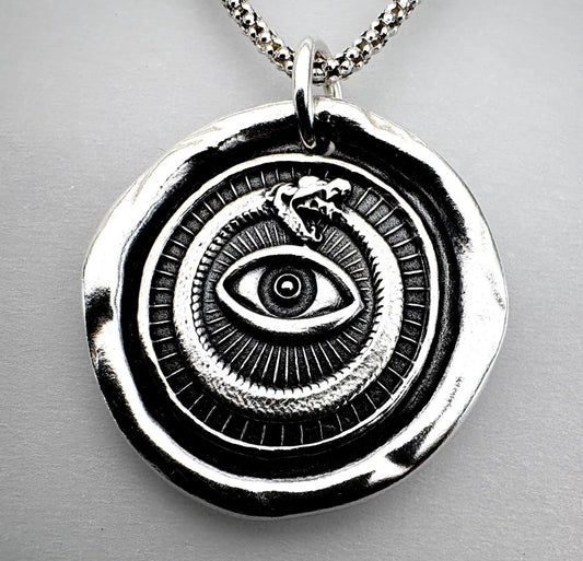 All Seeing Eye Serpent Pendant, LARGE Size, Solid Silver Talisman Necklace, Liliane Ting Design