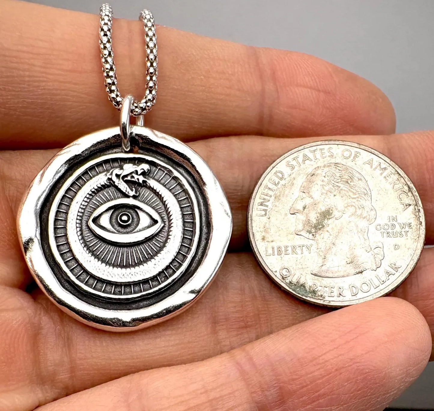 All Seeing Eye Serpent Pendant, LARGE Size, Solid Silver Talisman Necklace, Liliane Ting Design