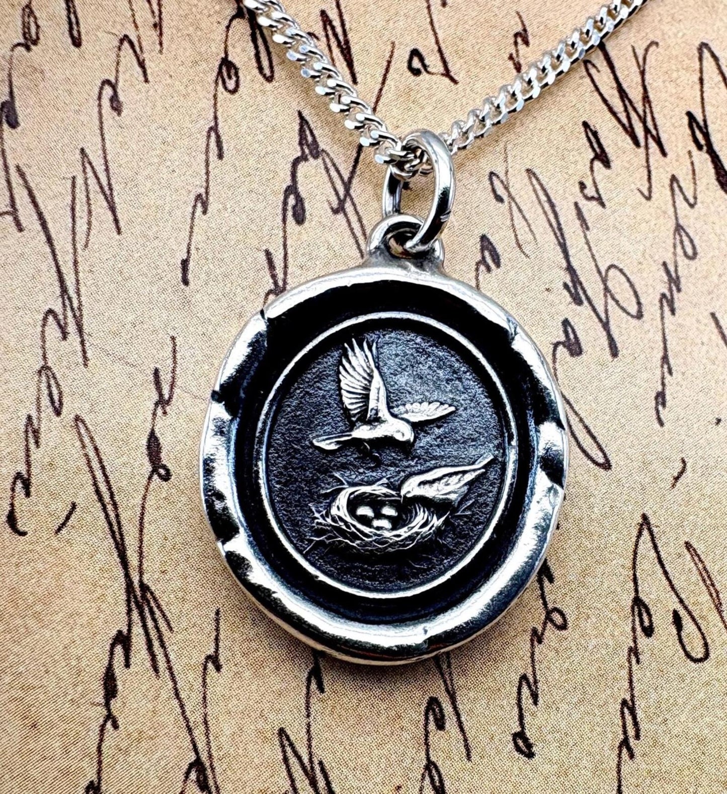 Birds & Nest Wax Seal Pendant: Solid Silver Talisman Necklace, Liliane Ting Design