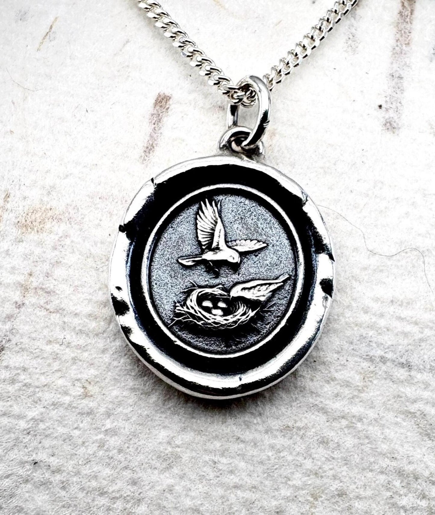 Birds & Nest Wax Seal Pendant: Solid Silver Talisman Necklace, Liliane Ting Design