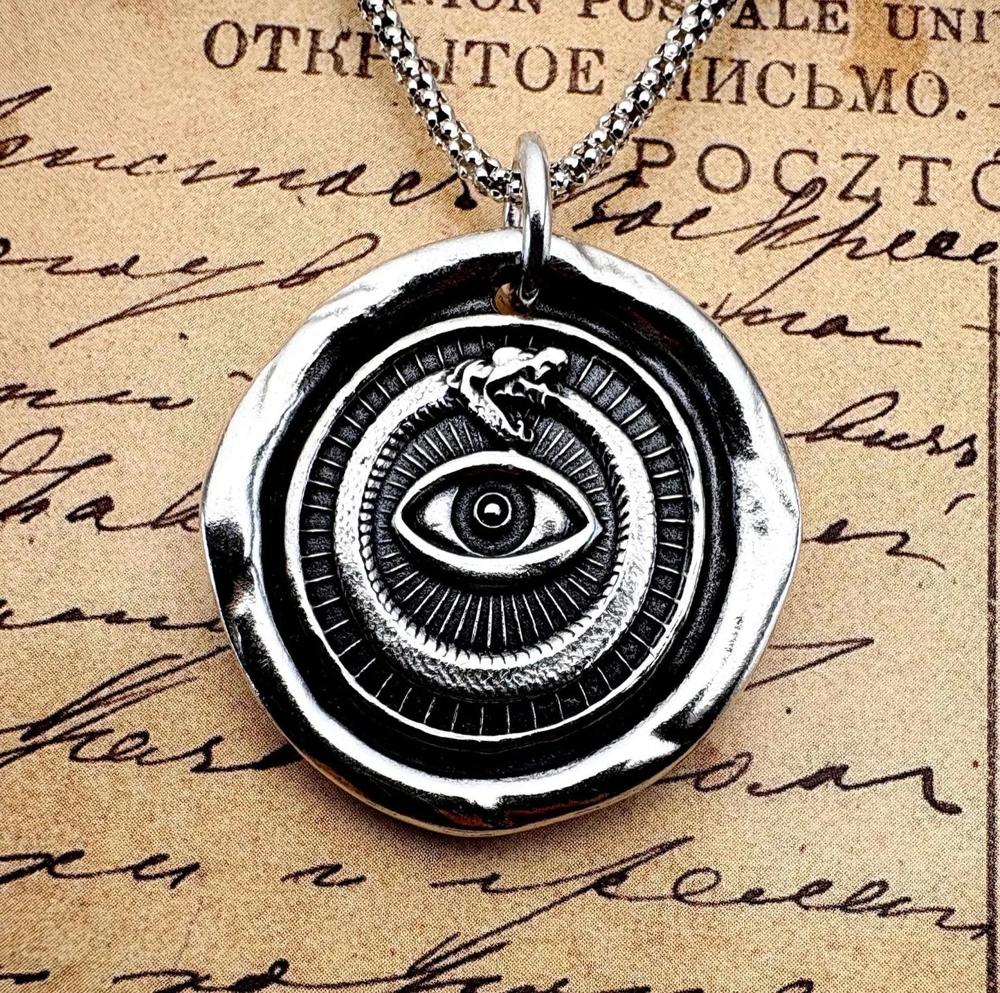 All Seeing Eye Serpent Pendant, LARGE Size, Solid Silver Talisman Necklace, Liliane Ting Design