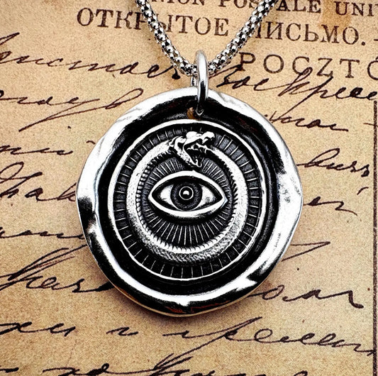 All Seeing Eye Serpent Pendant, LARGE Size, Solid Silver Talisman Necklace, Liliane Ting Design