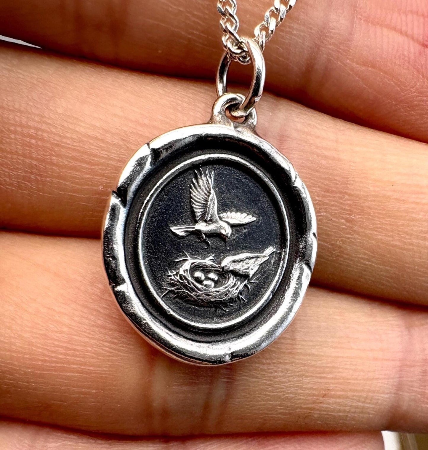 Birds & Nest Wax Seal Pendant: Solid Silver Talisman Necklace, Liliane Ting Design