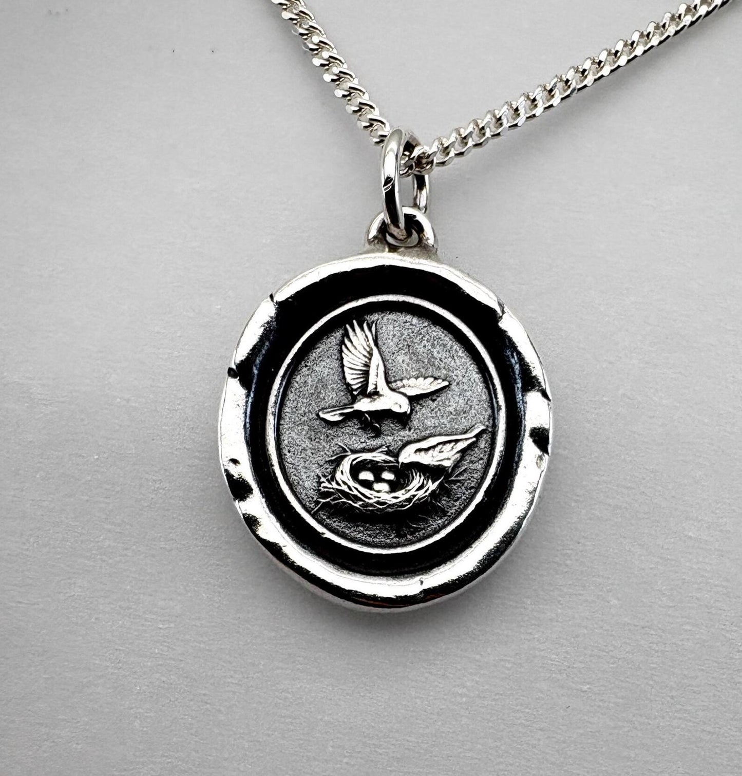 Birds & Nest Wax Seal Pendant: Solid Silver Talisman Necklace, Liliane Ting Design